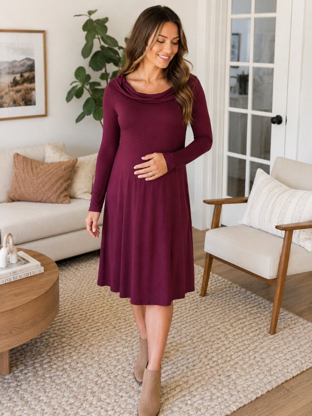 Women's Burgundy Cowl Neck Swing Maternity Dress Long Sleeve Tunic Size S Soft